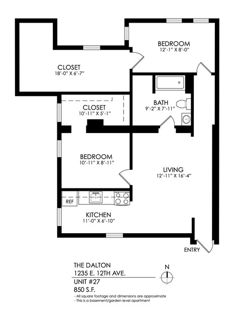 Floor plan for 2 beds, 1 bath, 690 sqft